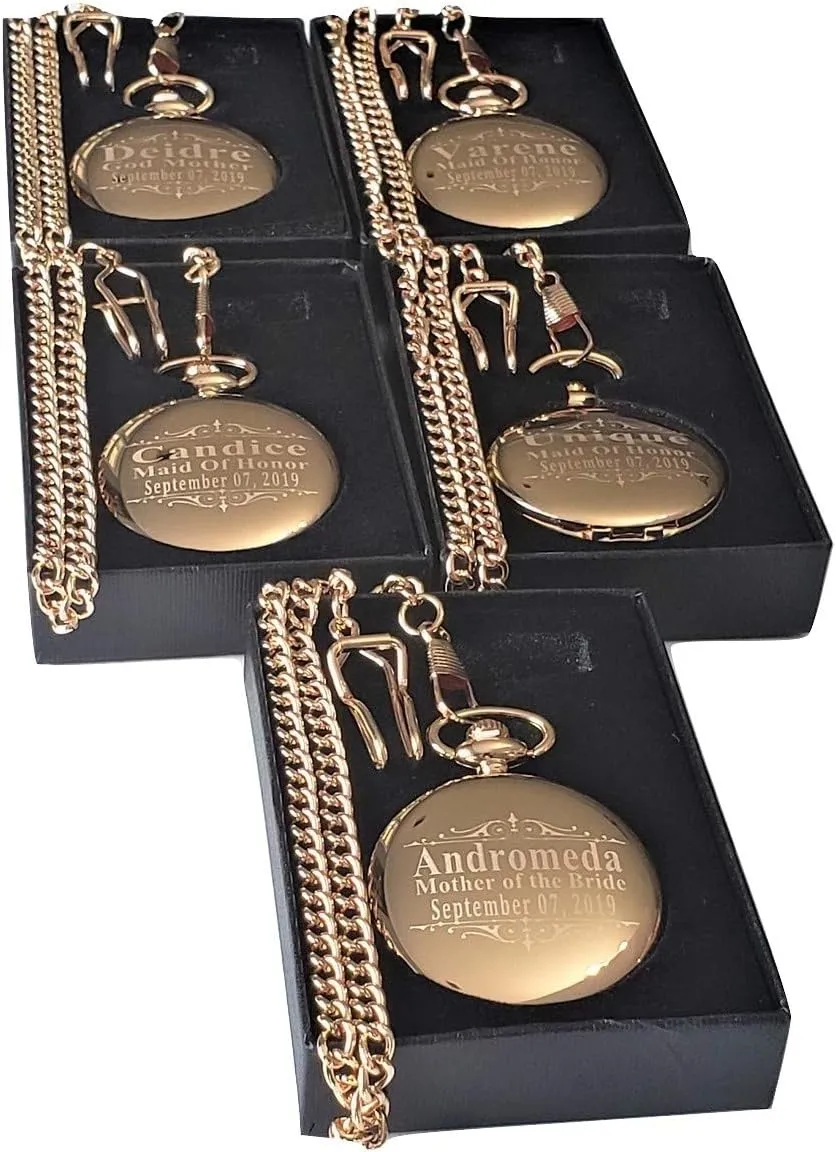 Included - Engraving Included 5 Custom Engraved divert cattle Pocket Watches - Gift Set for His or her Wedding Set - Groomsmen Personalized Watches with Chain and Box 