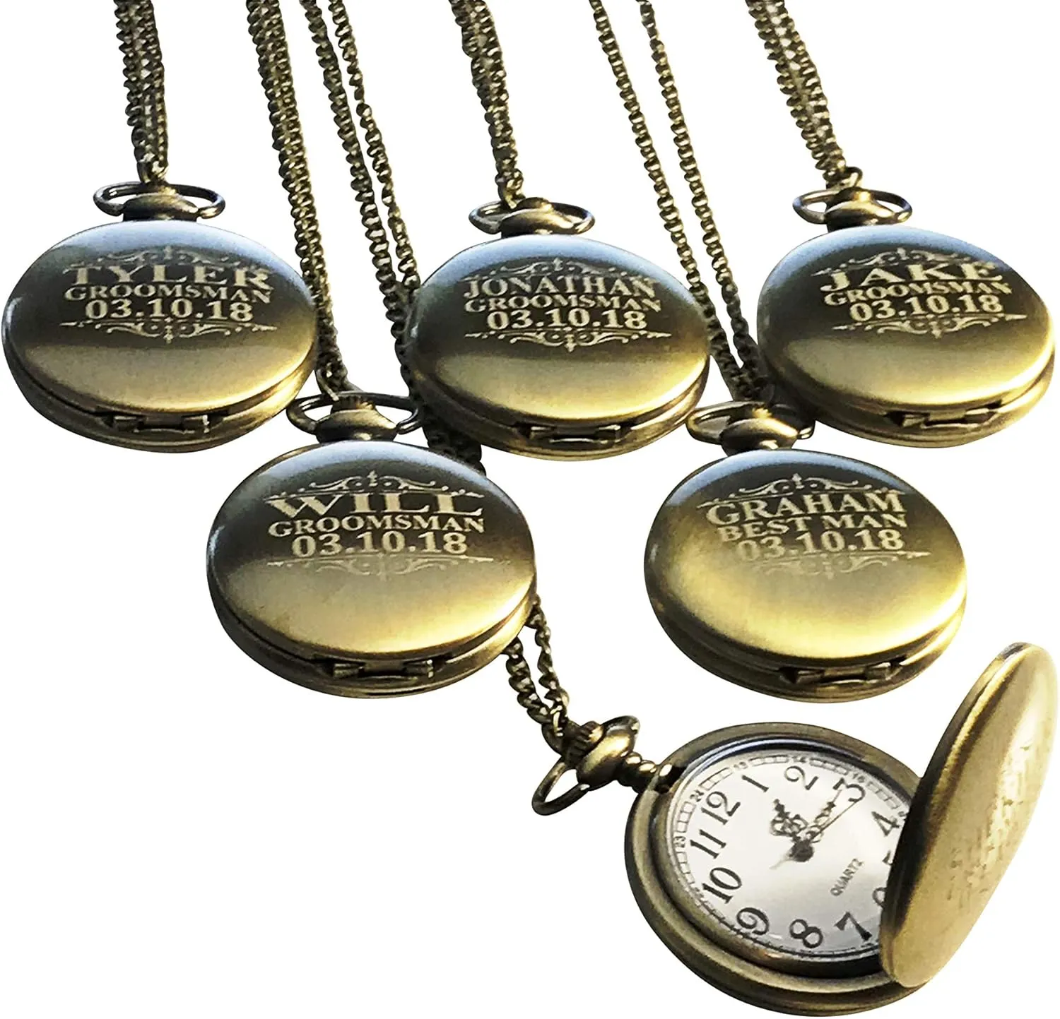 Included - Engraving Included 5 Custom Engraved divert cattle Pocket Watches - Gift Set for His or her Wedding Set - Groomsmen Personalized Watches with Chain and Box 