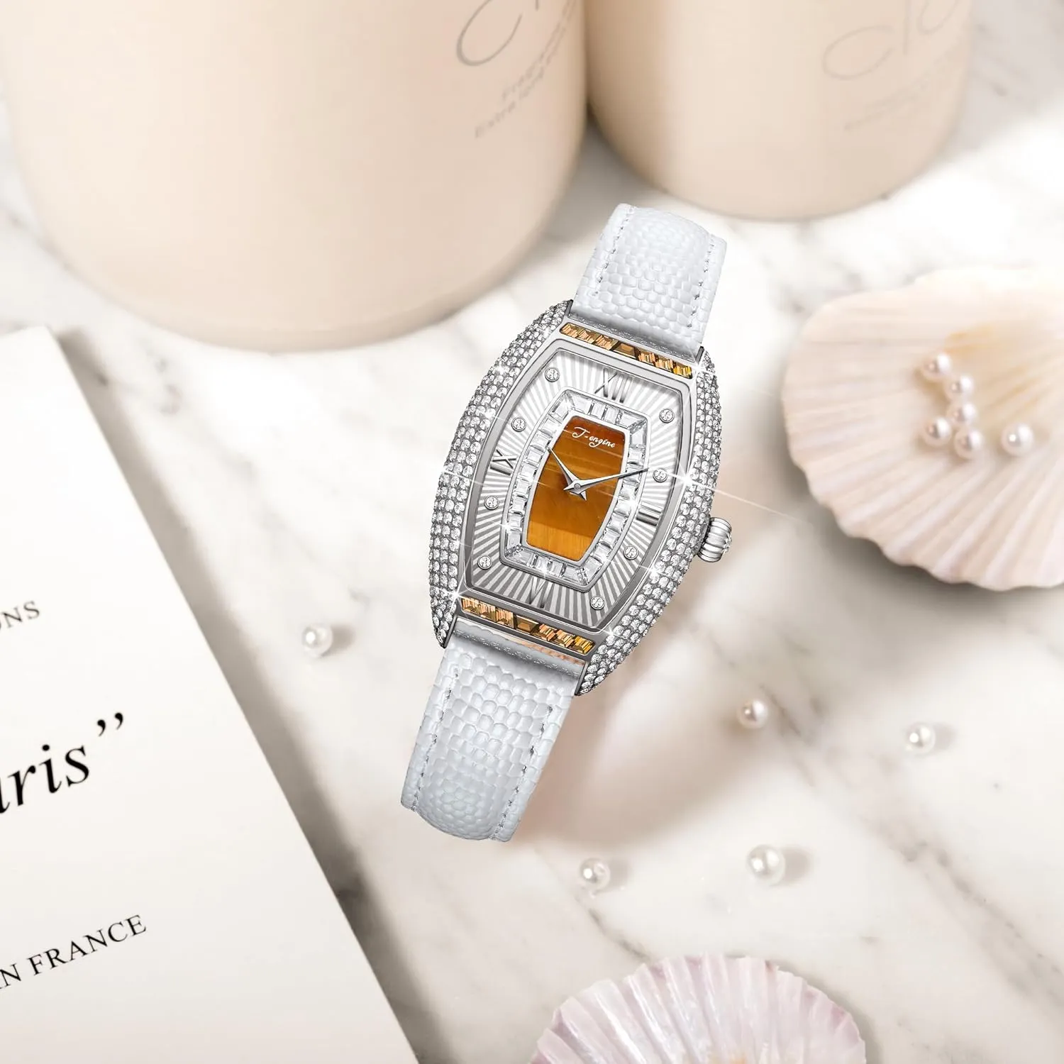 Inlay, Multi-Colored Zircon Accents, Sapphire Glass stealthy supercontinent Face, Genuine Leather Strap - Elegant Women's Wrist Watch T-ENGINE Luxury Women's Watch with Diamond 