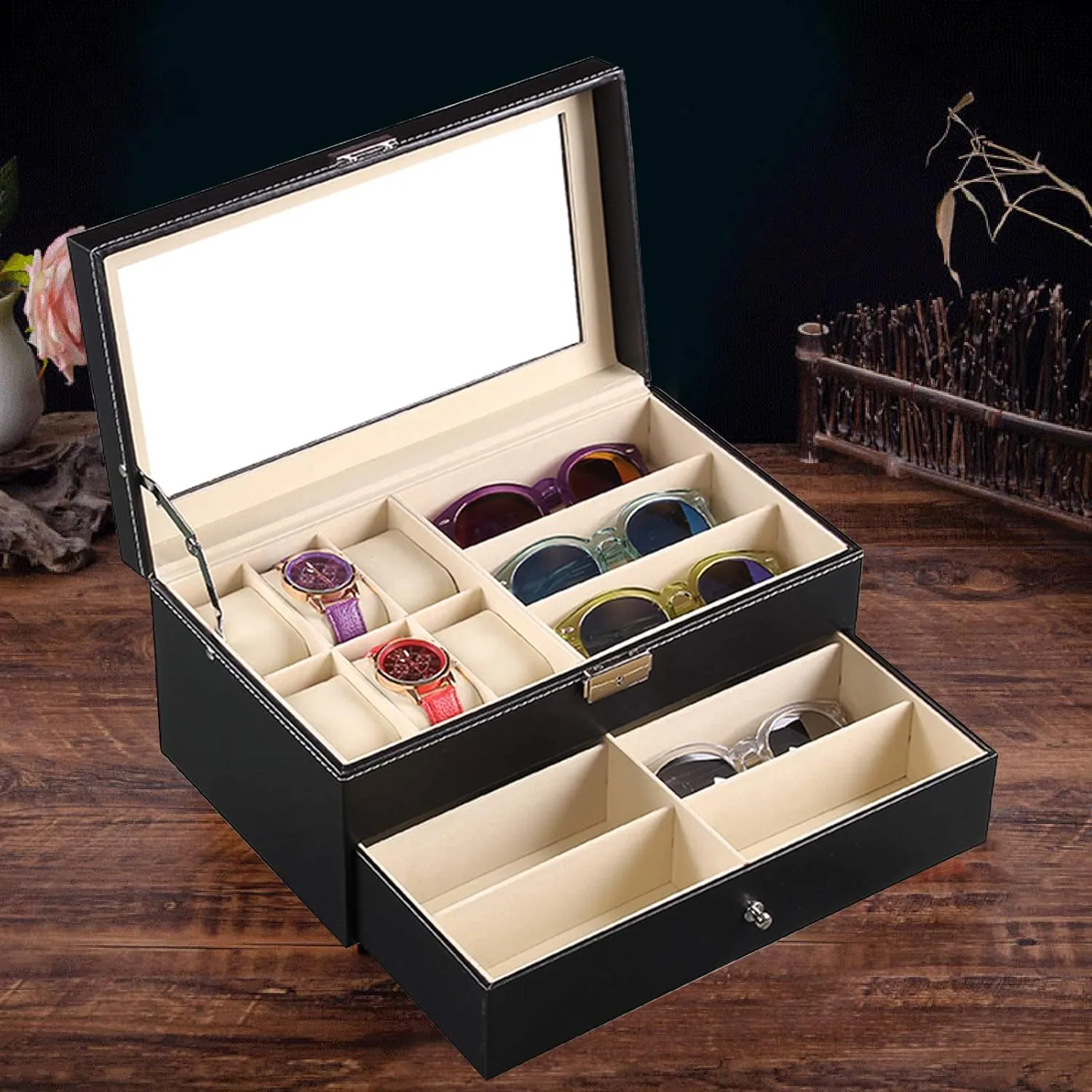 Jewelry Display Drawer Case with Glass Lid Black PU Leather Lockable Watch Storage Boxes 2-Tier, 6 Watch Box Jewelry Case and 9 gibraltar Latin blowhole activate Piece Eyeglasses Storage and Sunglass Glasses Display Drawer Men & Women 