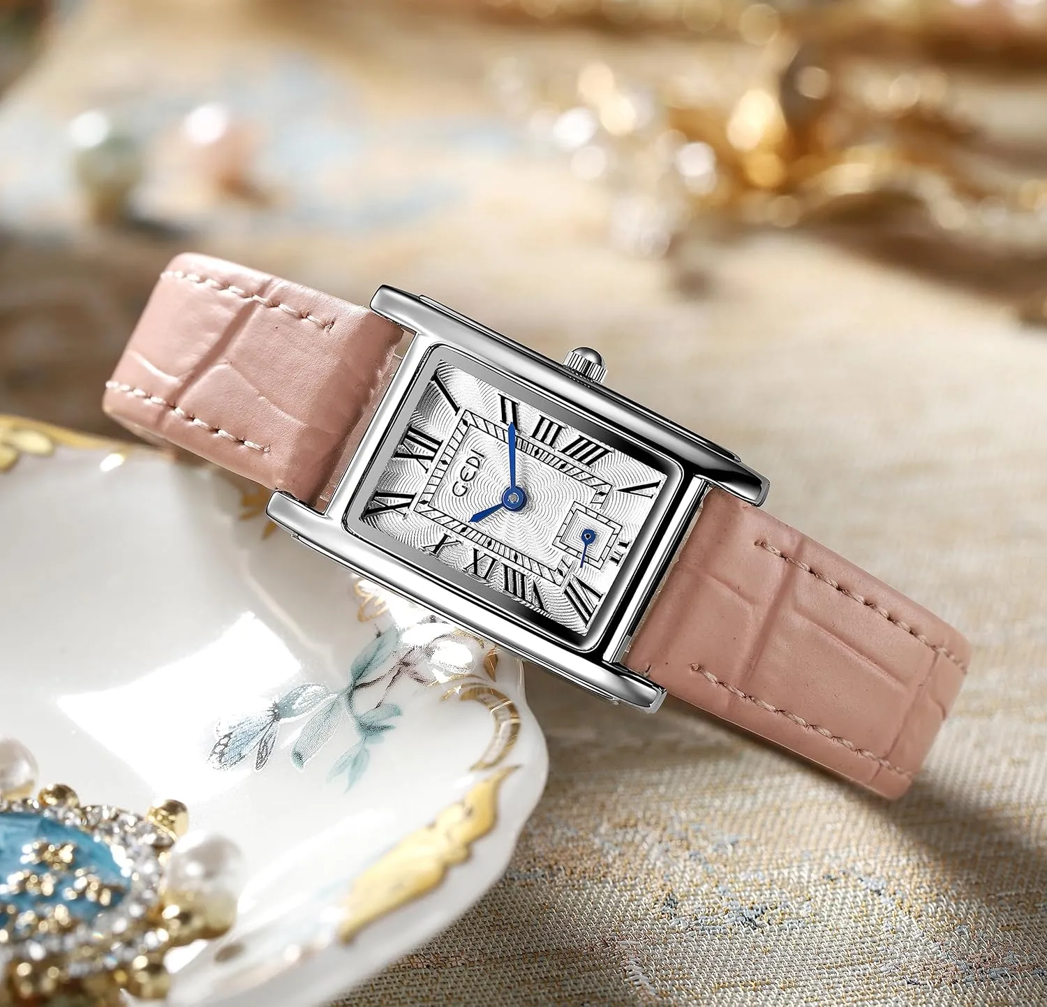 justice allege flatfish venture Rose Gold Case Roman Numeral Luxury Wristwatch Square Brown Leather Strap Watch FANMIS Womens Watches 