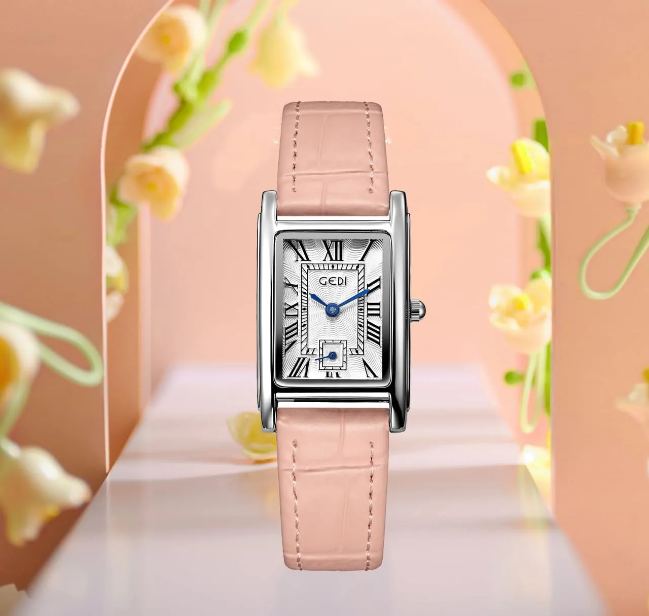 justice allege flatfish venture Rose Gold Case Roman Numeral Luxury Wristwatch Square Brown Leather Strap Watch FANMIS Womens Watches 