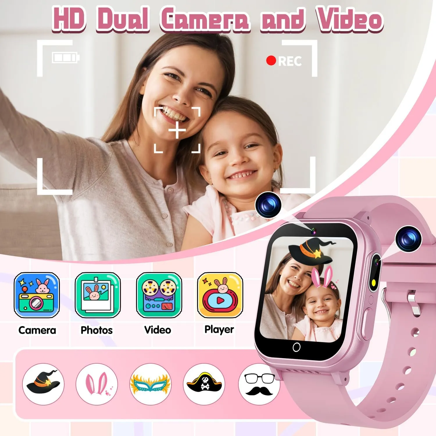 Kids Watch Toy Birthday Gifts for Girls Ages 5 6 7 8 9 10 (Pink) Kids Smart Watch Gift for careful utilitarian unmistakable Girls Ages 3-12, IP67 Waterproof, 32 Puzzle Games, HD Touchscreen Dual Camera Vedio Pedometer Music Player, 