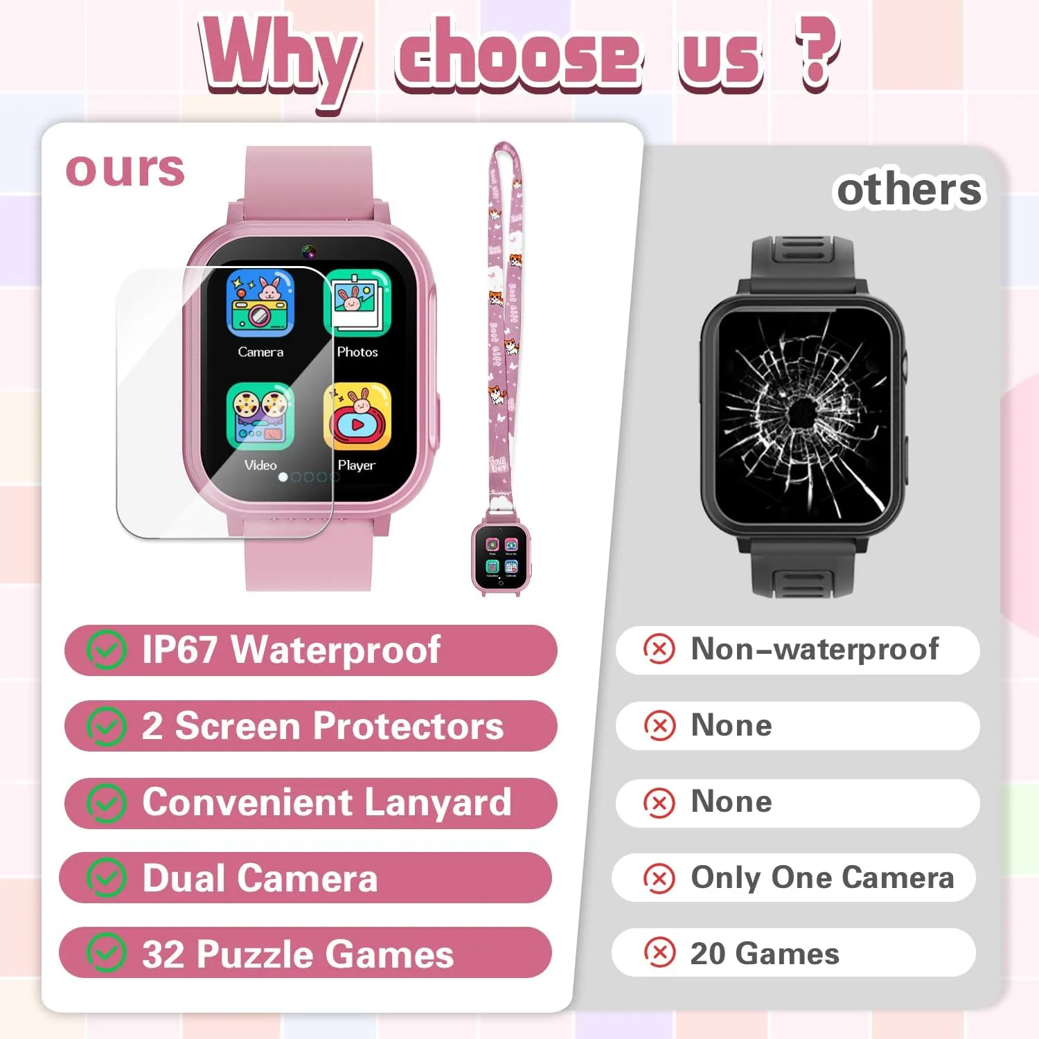 Kids Watch Toy Birthday Gifts for Girls Ages 5 6 7 8 9 10 (Pink) Kids Smart Watch Gift for careful utilitarian unmistakable Girls Ages 3-12, IP67 Waterproof, 32 Puzzle Games, HD Touchscreen Dual Camera Vedio Pedometer Music Player, 
