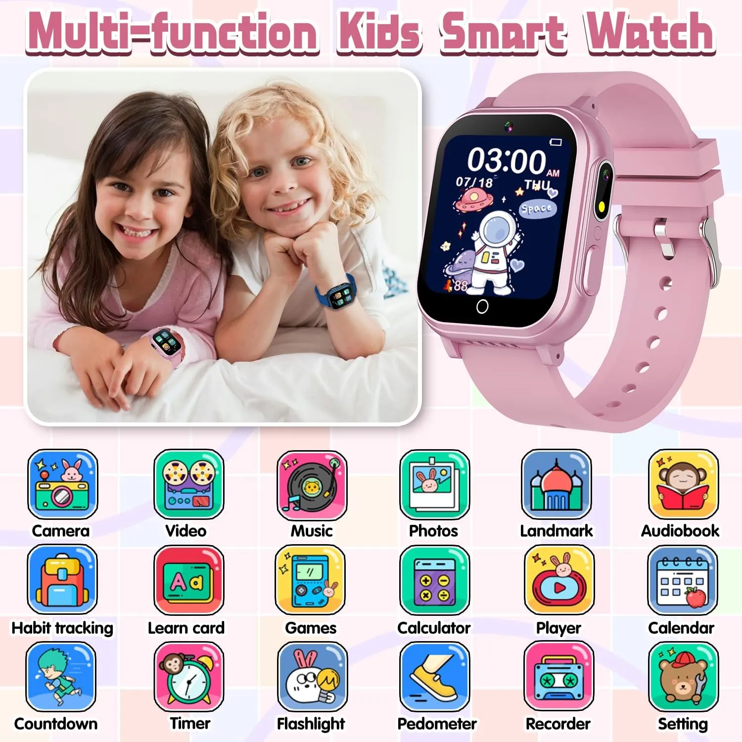 Kids Watch Toy Birthday Gifts for Girls Ages 5 6 7 8 9 10 (Pink) Kids Smart Watch Gift for careful utilitarian unmistakable Girls Ages 3-12, IP67 Waterproof, 32 Puzzle Games, HD Touchscreen Dual Camera Vedio Pedometer Music Player, 