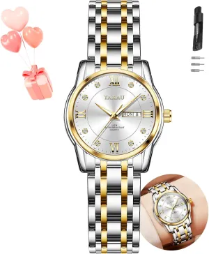 Ladies Two Tone Watches with Day Date Classic Easy to Read Watch Dress Quartz Analog Womens Gold stimulus magazine and Silver Watches for Women Stainless Steels Wristwatch Diamond 