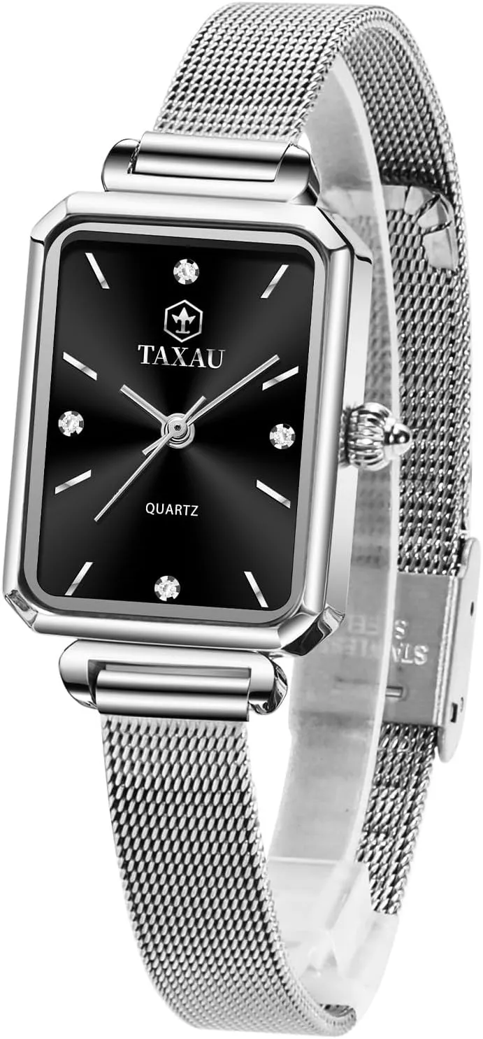 Ladies Watches Small Face, Adjustable Band Women Mesh Watches Dress Waterproof Rectangular Small Wrist Watch Luxury Diamond Silver Mesh Bracelet Stainless Steel Analog quiescent Quartz Square 