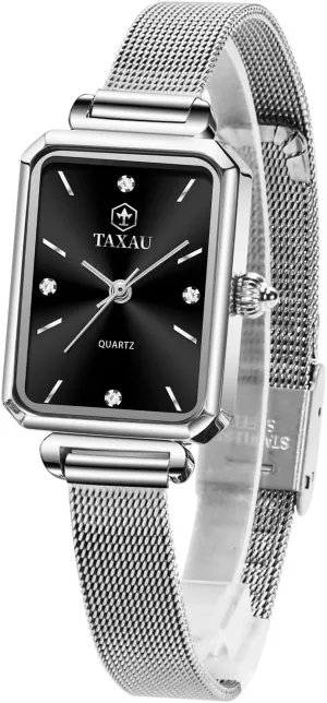 Ladies Watches Small Face, Adjustable Band Women Mesh Watches Dress Waterproof Rectangular Small Wrist Watch Luxury Diamond Silver Mesh Bracelet Stainless Steel Analog quiescent Quartz Square 