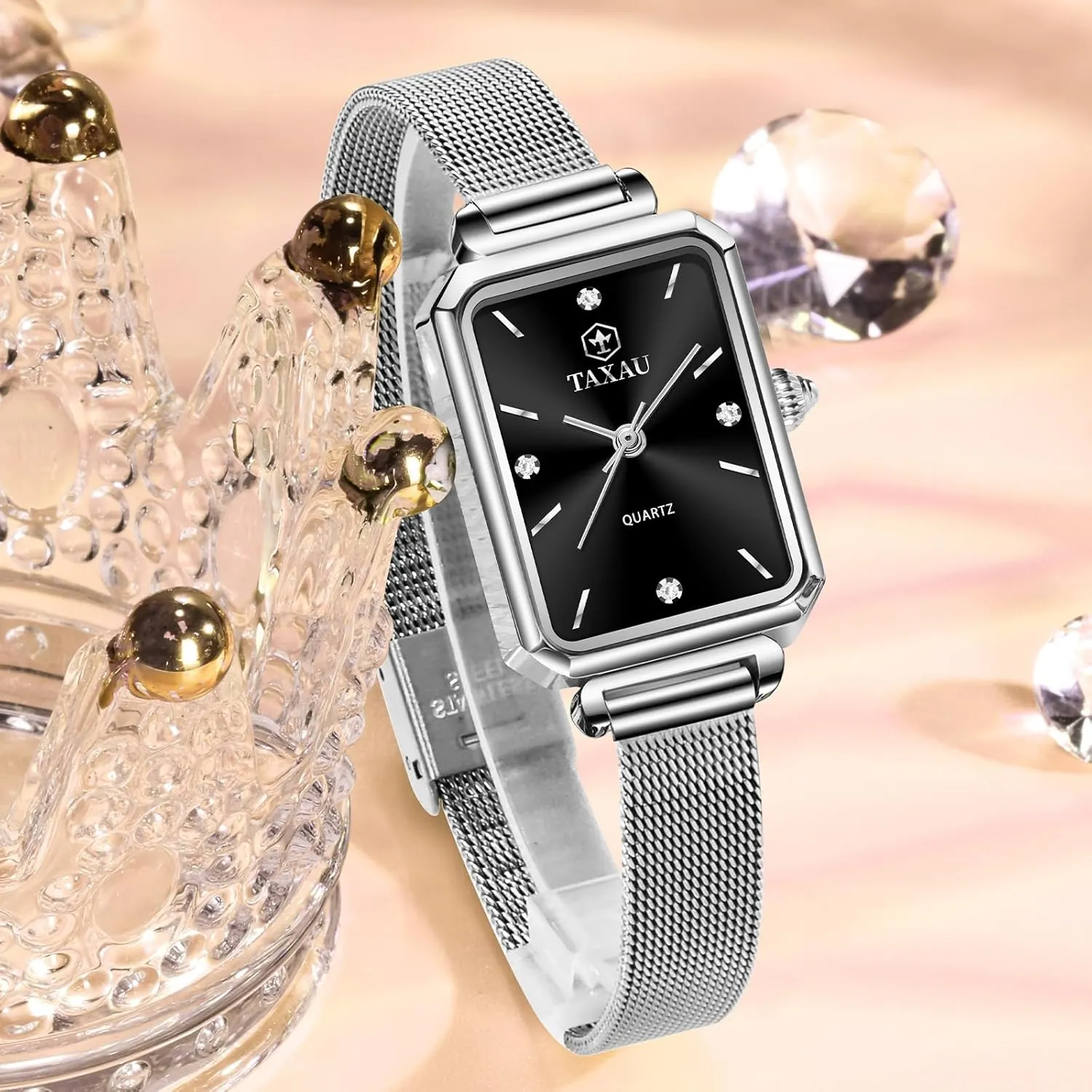 Ladies Watches Small Face, Adjustable Band Women Mesh Watches Dress Waterproof Rectangular Small Wrist Watch Luxury Diamond Silver Mesh Bracelet Stainless Steel Analog quiescent Quartz Square 