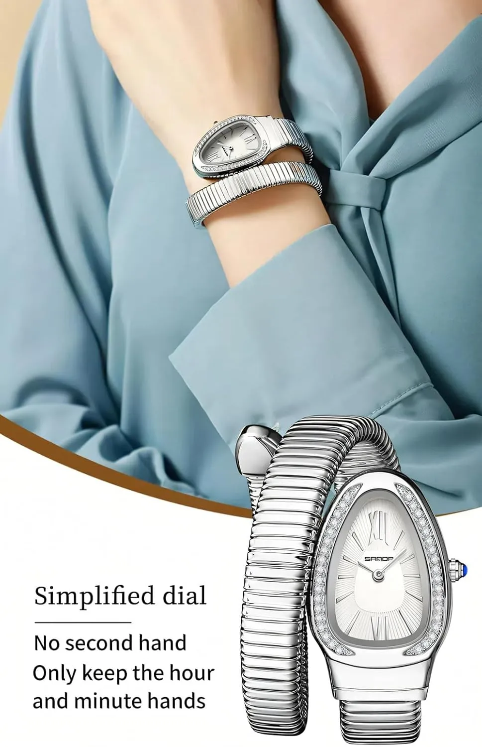 Ladies Wristwatch Retro Temperament Light Luxury Women Watches Fashion Women's Quartz Watch Snake simply Shaped Dial Inlaid Rhinestone 