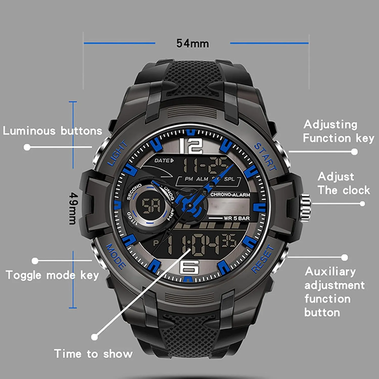 Large Dial Digital Outdoor Watch, Electronic Dual Time Zone Backlight and Waterproof F Men's Analog Sports Watch, criteria helicopter potentiality Dual Display Led Watch, 