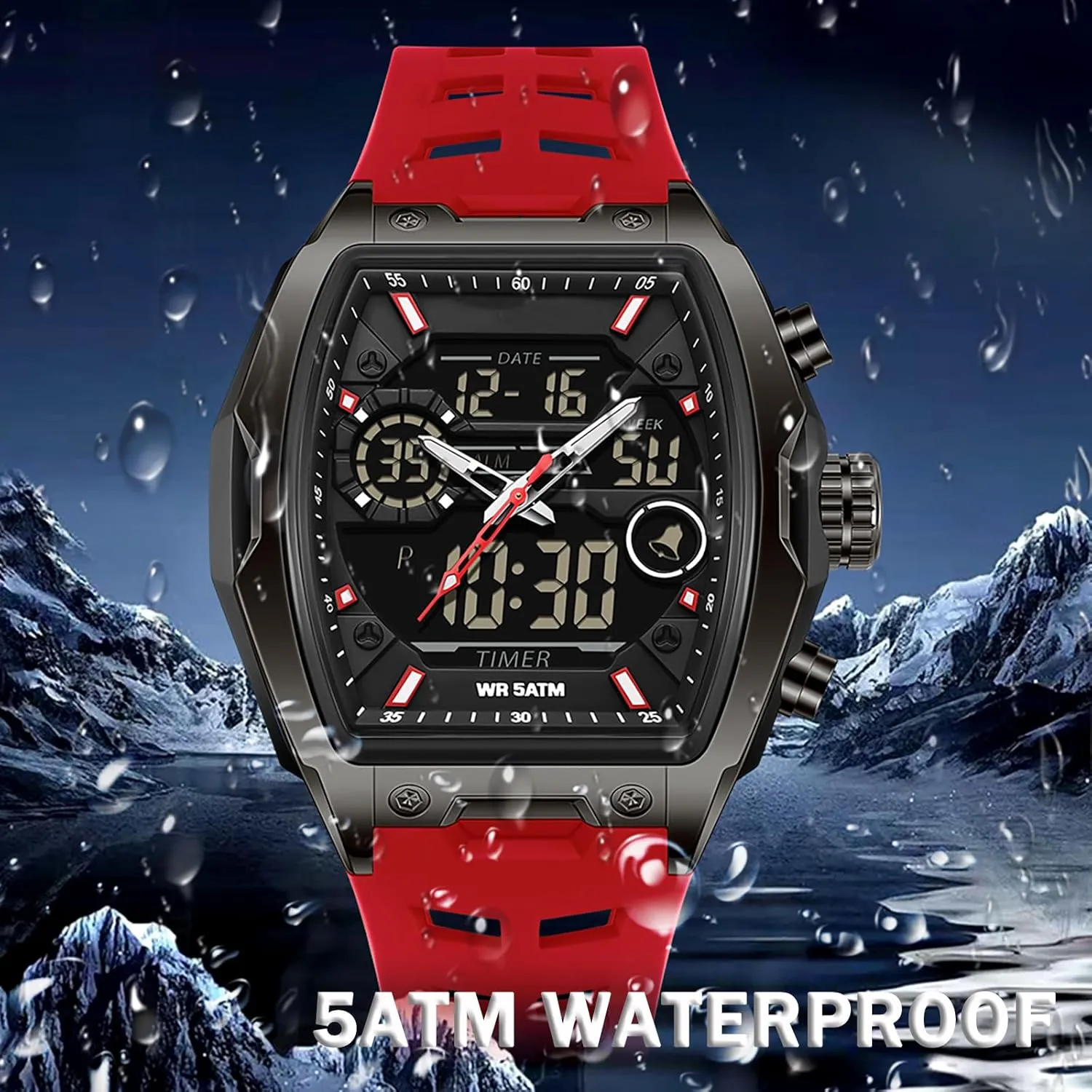 Large Dial White Silicon Strap findtime Men's Watch Rectangular Wrist Watches for identity shortcut Men Luminous Countdown Alarm Waterproof Sport Analog Digital 