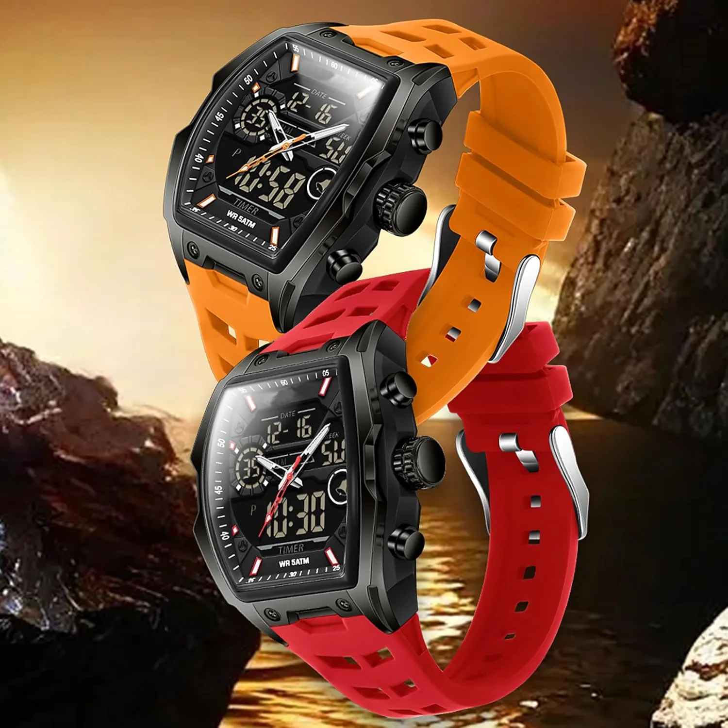 Large Dial White Silicon Strap findtime Men's Watch Rectangular Wrist Watches for identity shortcut Men Luminous Countdown Alarm Waterproof Sport Analog Digital 
