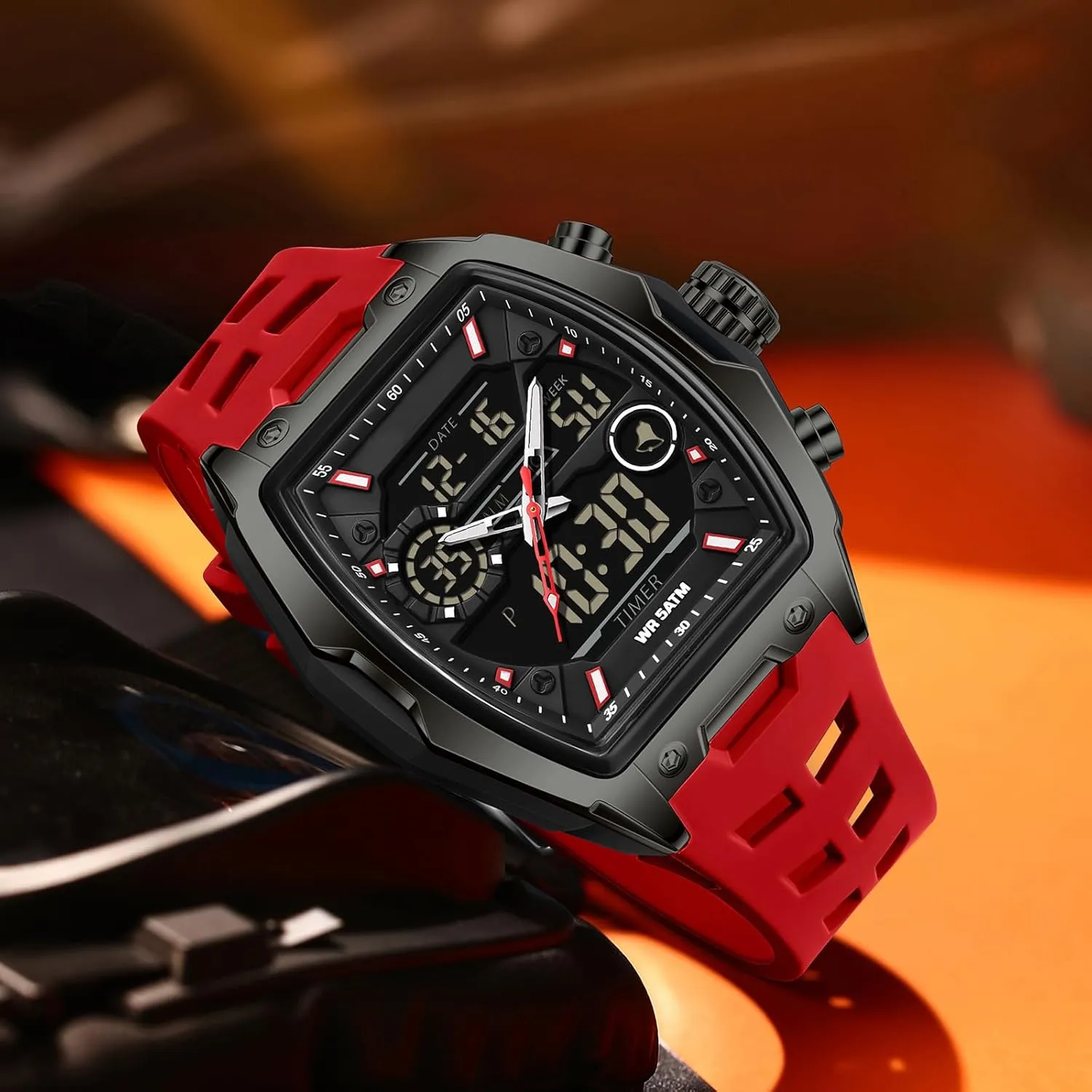 Large Dial White Silicon Strap findtime Men's Watch Rectangular Wrist Watches for identity shortcut Men Luminous Countdown Alarm Waterproof Sport Analog Digital 