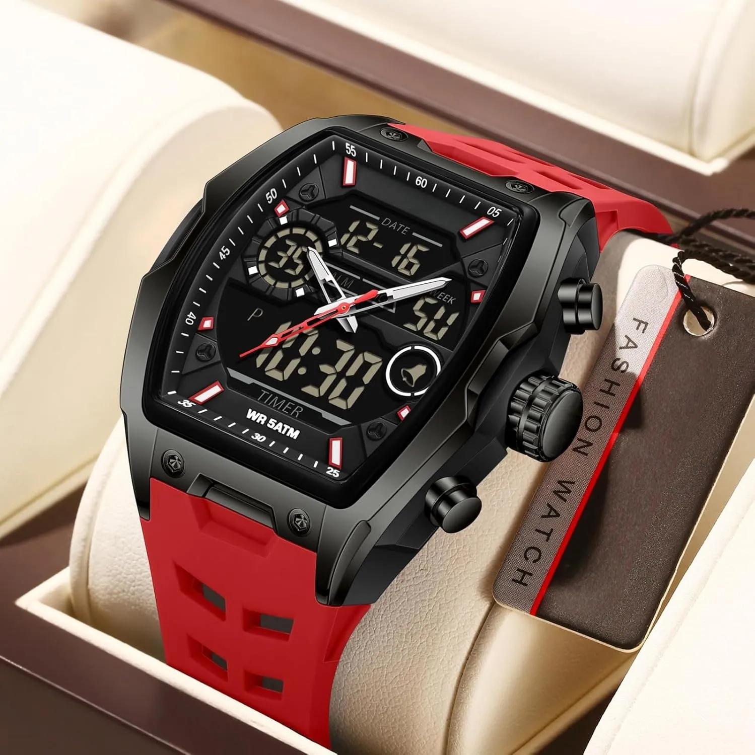 Large Dial White Silicon Strap findtime Men's Watch Rectangular Wrist Watches for identity shortcut Men Luminous Countdown Alarm Waterproof Sport Analog Digital 