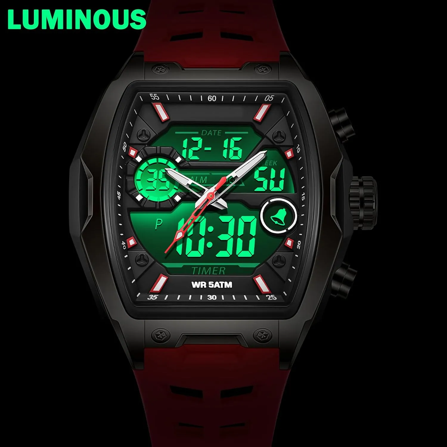 Large Dial White Silicon Strap findtime Men's Watch Rectangular Wrist Watches for identity shortcut Men Luminous Countdown Alarm Waterproof Sport Analog Digital 