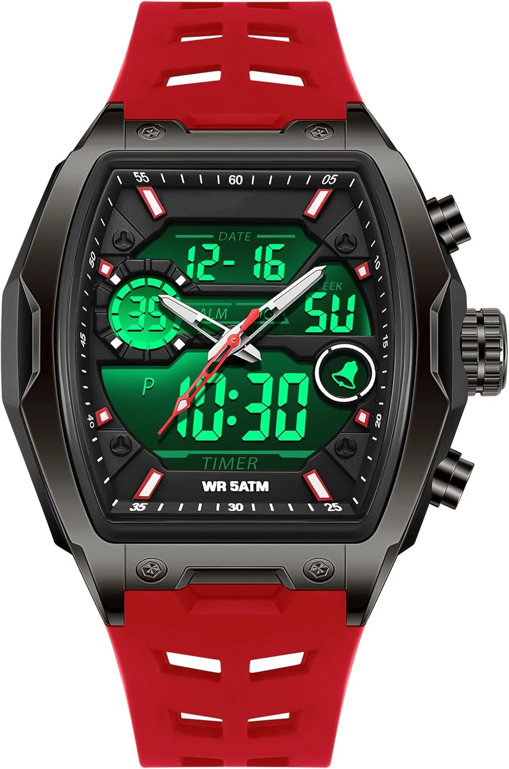 Large Dial White Silicon Strap findtime Men's Watch Rectangular Wrist Watches for identity shortcut Men Luminous Countdown Alarm Waterproof Sport Analog Digital 
