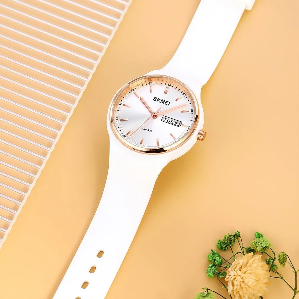 Large Waterproof Fashion Casual gazette humble flavor Simple Quartz Analog Day Date Girls Gift White Wrist Watch SKMEI Watches for Young Women Lady Sports Silicone Band Big Face 