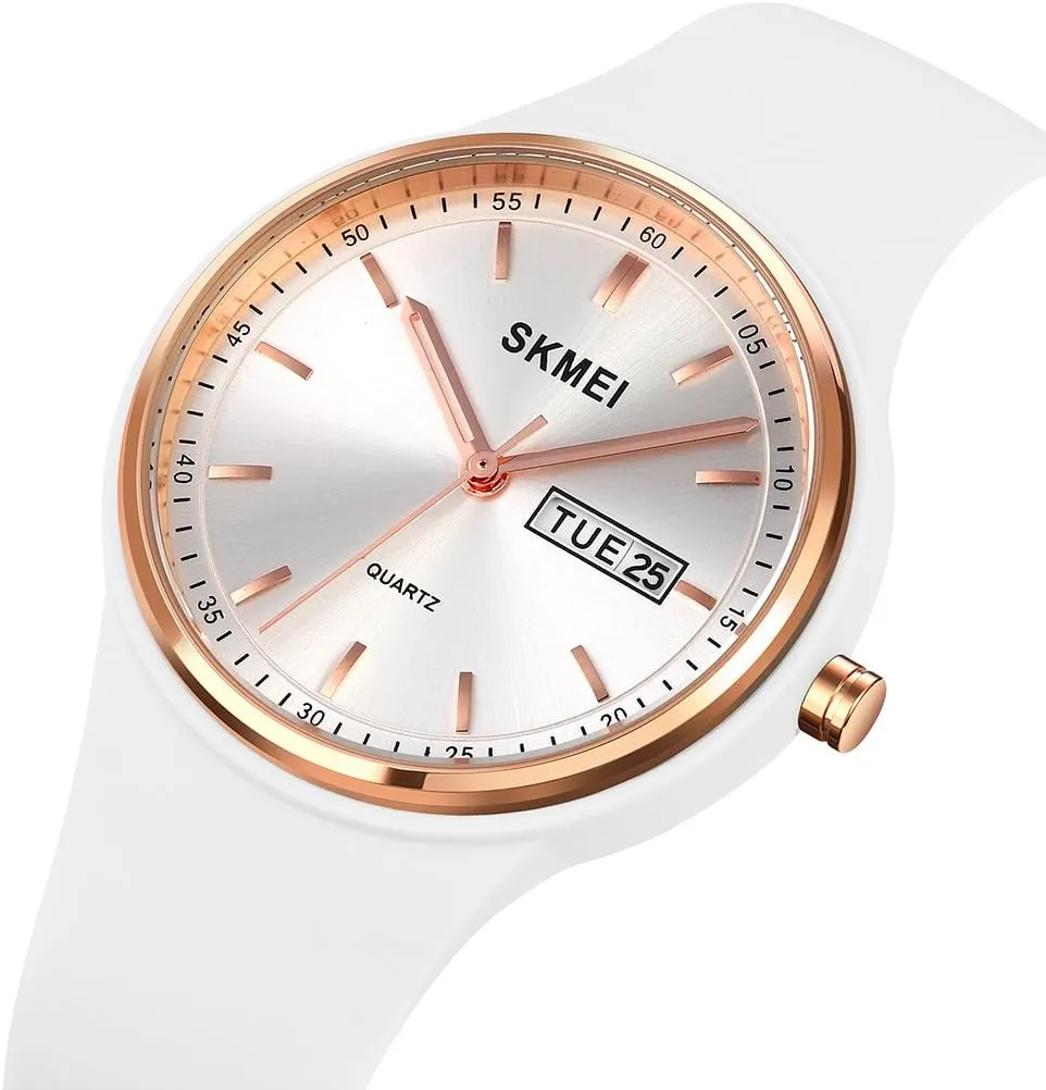 Large Waterproof Fashion Casual gazette humble flavor Simple Quartz Analog Day Date Girls Gift White Wrist Watch SKMEI Watches for Young Women Lady Sports Silicone Band Big Face 