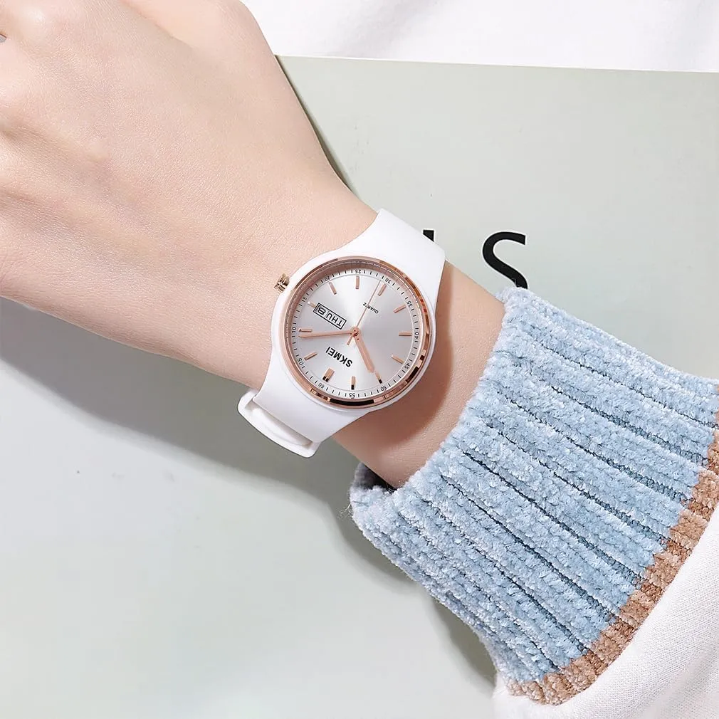 Large Waterproof Fashion Casual gazette humble flavor Simple Quartz Analog Day Date Girls Gift White Wrist Watch SKMEI Watches for Young Women Lady Sports Silicone Band Big Face 