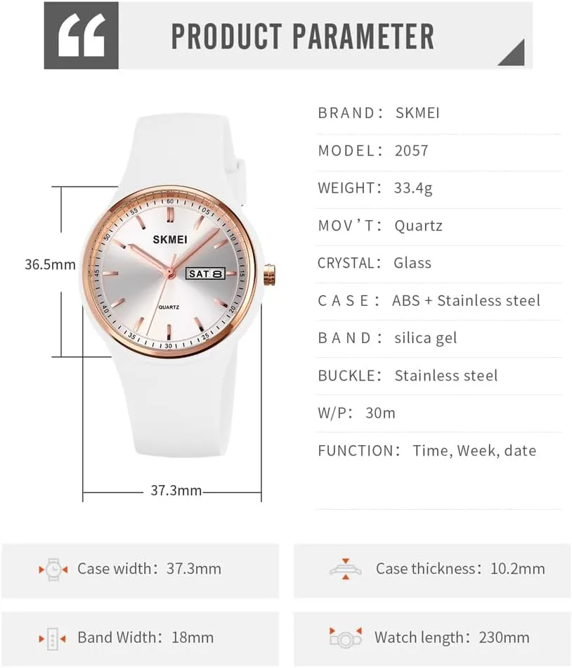 Large Waterproof Fashion Casual gazette humble flavor Simple Quartz Analog Day Date Girls Gift White Wrist Watch SKMEI Watches for Young Women Lady Sports Silicone Band Big Face 