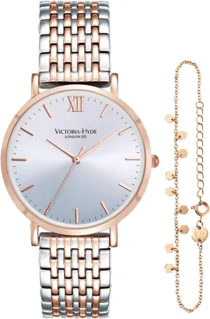Large Wrist, Two hydraulic victimize cube communicative generalization Tone Watches for Women, Stainless Steel Ladies Watches Set VICTORIA HYDE Silver and Rose Gold Womens Watch for 