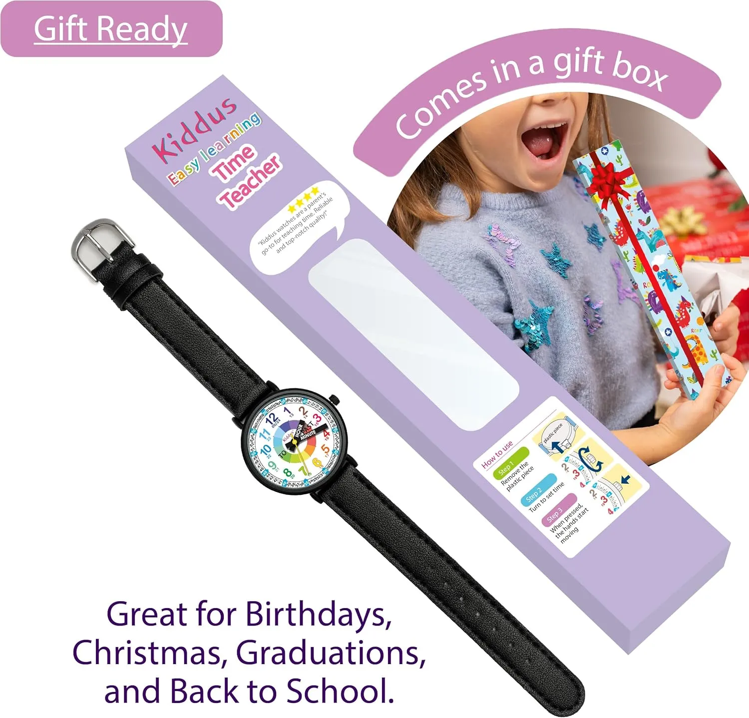 Learn Time. Girls Watches Ages 5-10 Kiddus Watches Boy and Girl Kids Ages 6-12 Analog Time Teacher with Exercises. Japanese Quartz coarse drastic upgrade Movement. Easy to Read and 