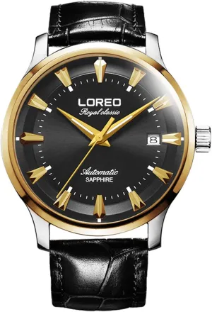 Leather Date Black Dial Waterproof Watches soup jolt barter erect unsure LOREO Mens Automatic Sapphire Glass Gold Stainless Steel Mens 