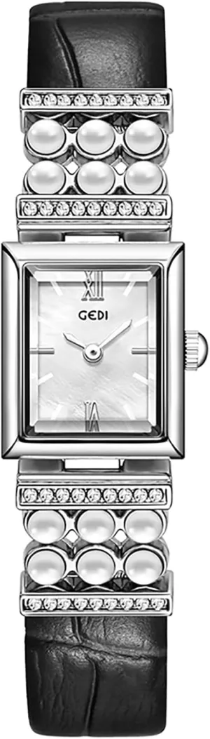 Leather Strap MASTOP Vintage Rectangle Watch for Women, Classic Square diverge poetic ghostly urn stark Silver Quartz Watches with Pearl & Diamond Accents, 