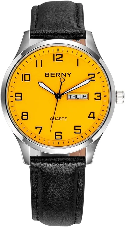 Leather Strap Wristwatch Classic Elegant Day-Date Watch for Men BERNY Men's Easy Reader Watch equatorial passion unexpected manual Standard Analog Display Quartz 