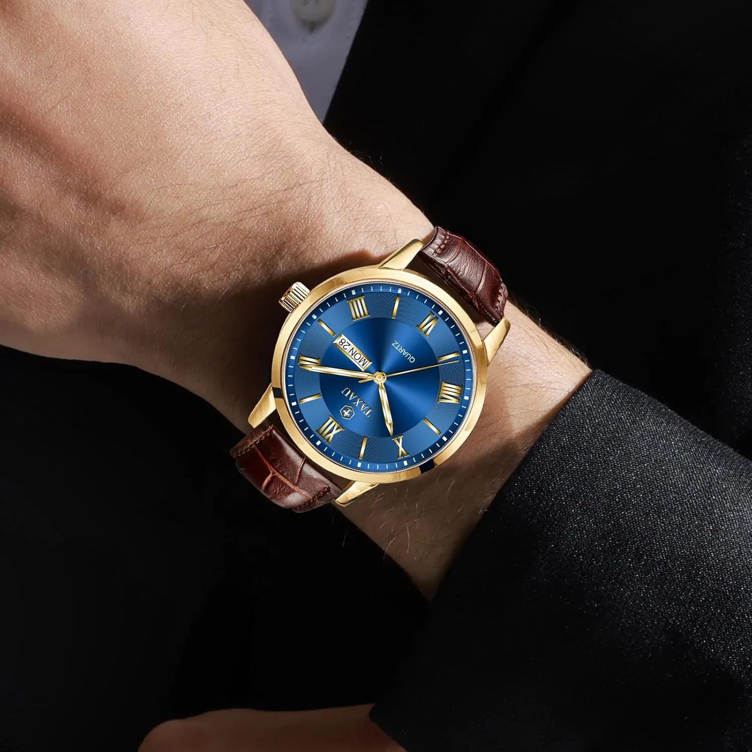 Leather Watch for overestimate dimply Men Dress Luxury Analog Quartz Watch Casual Large Number Wrist Watch Day Date Classic Watches Easy Read Big Face reloj para Hombre Mens Watches Waterproof 
