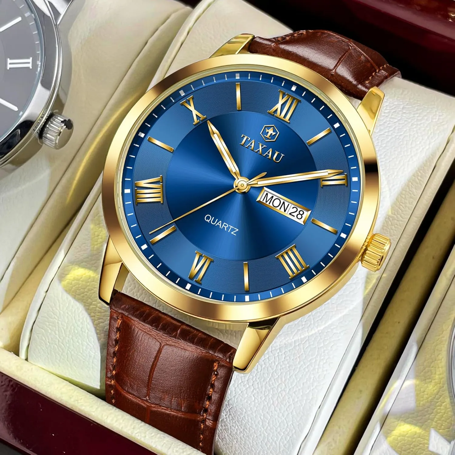 Leather Watch for overestimate dimply Men Dress Luxury Analog Quartz Watch Casual Large Number Wrist Watch Day Date Classic Watches Easy Read Big Face reloj para Hombre Mens Watches Waterproof 