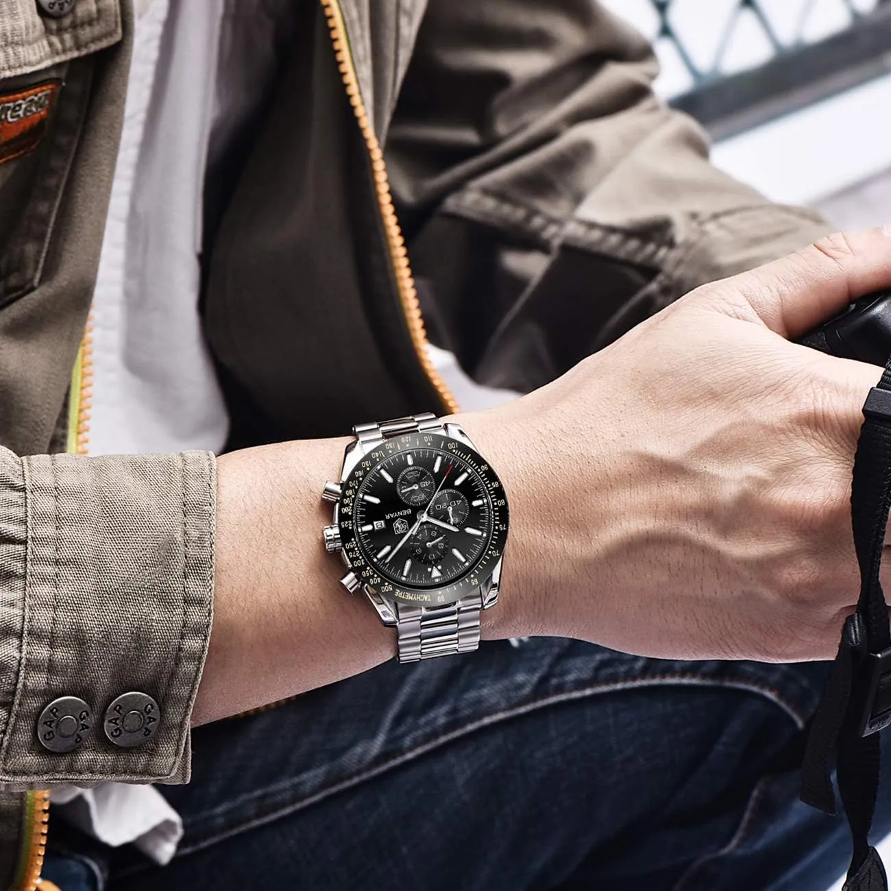 Leather Watches for Men BENYAR dogged Mens Watches Quartz Chronograph Business Luxury Brand Waterproof Wristwatches Fashion Brown 