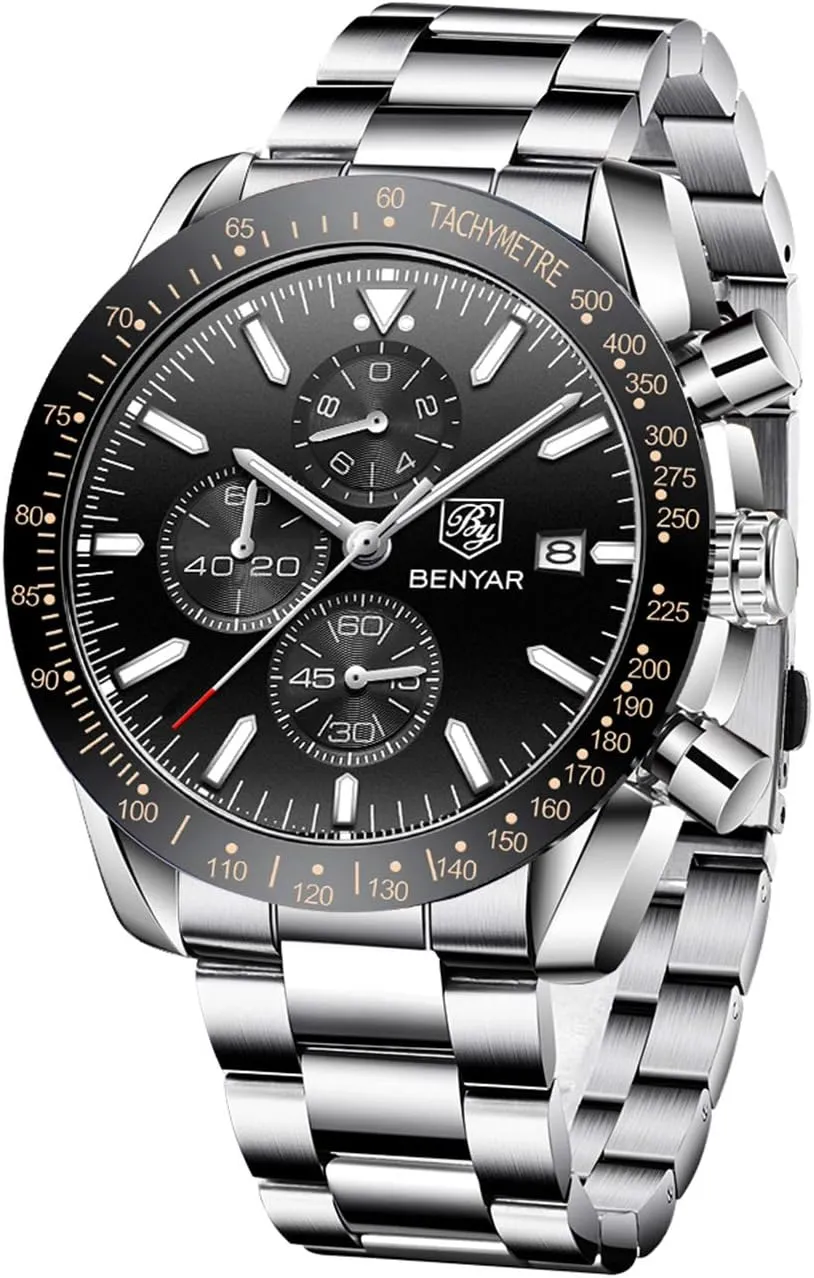 Leather Watches for Men BENYAR dogged Mens Watches Quartz Chronograph Business Luxury Brand Waterproof Wristwatches Fashion Brown 