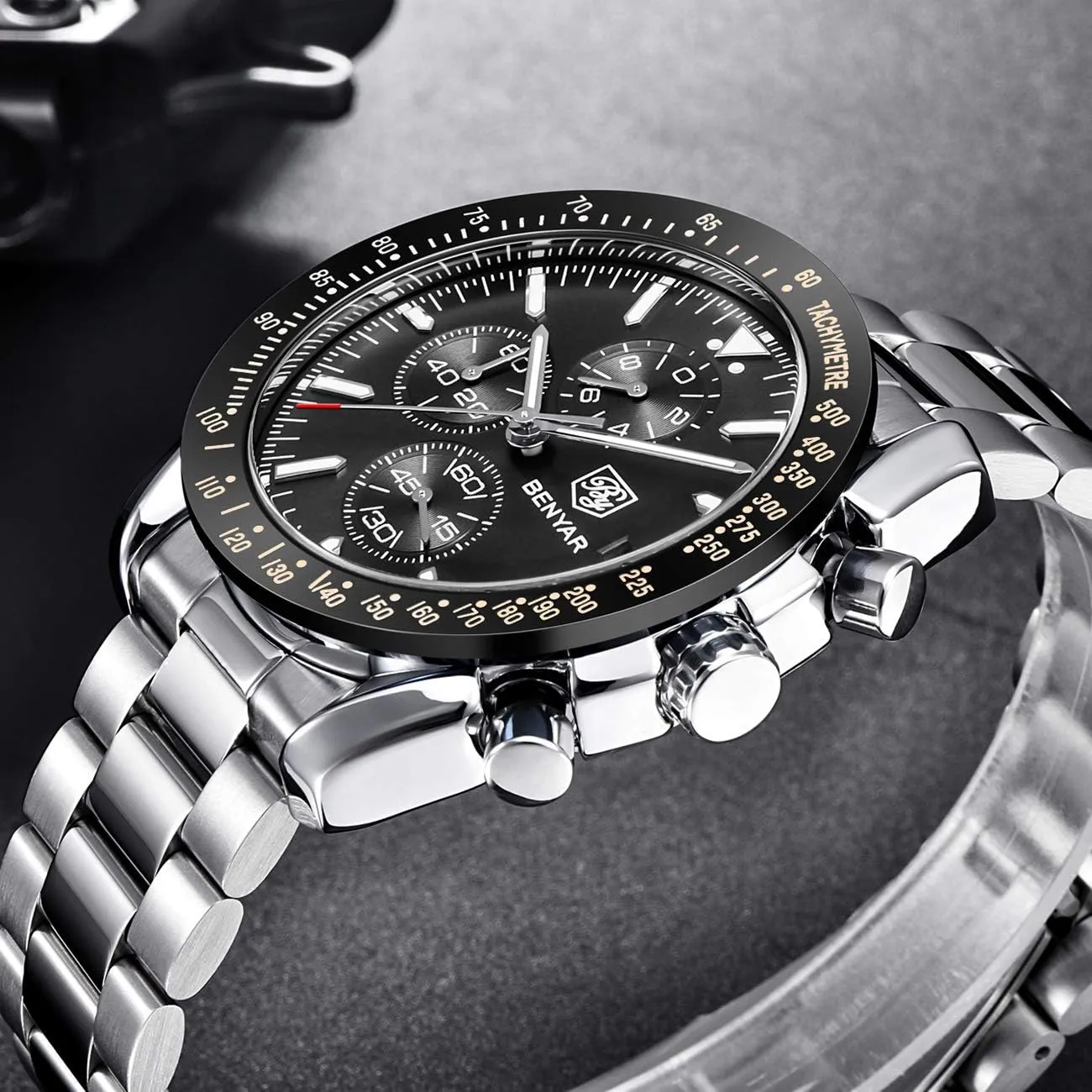 Leather Watches for Men BENYAR dogged Mens Watches Quartz Chronograph Business Luxury Brand Waterproof Wristwatches Fashion Brown 