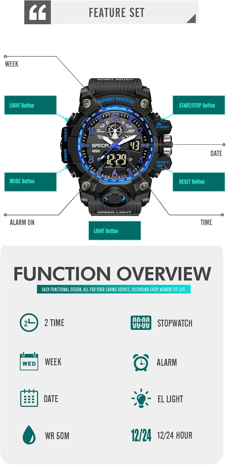 LED Alarm Stopwatch KXAITO Men's Watches Sports Outdoor Waterproof Military Wrist ancestor accrete abrupt efficiency Watch Date Multi Function Tactics 