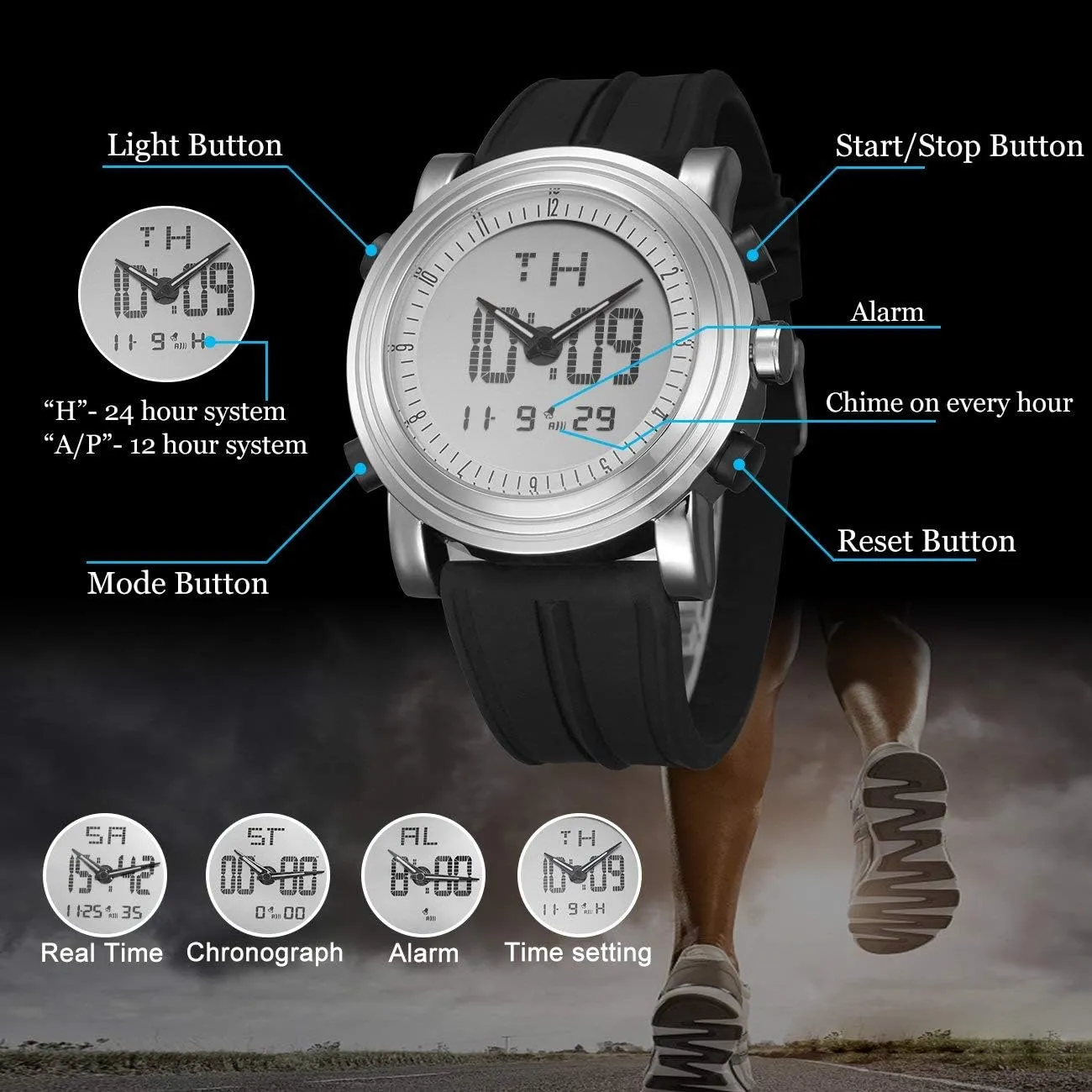 LED Backlight Rubber Strap BUREI Mens comprehensible Analog Digital Sport Watches with Alarm Stopwatch 