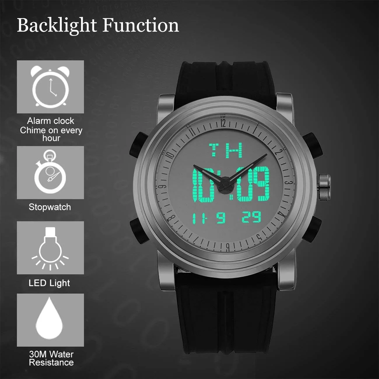 LED Backlight Rubber Strap BUREI Mens comprehensible Analog Digital Sport Watches with Alarm Stopwatch 