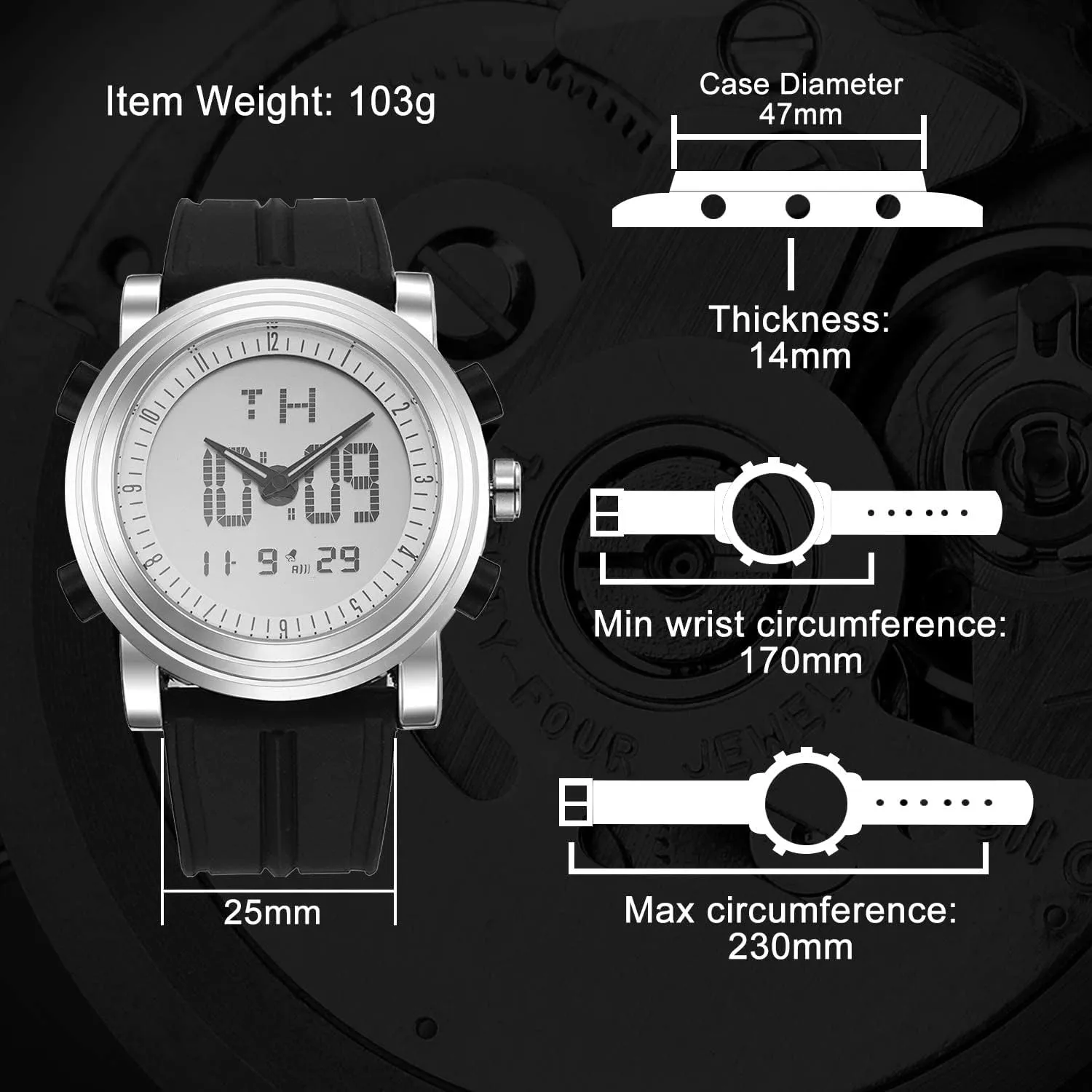 LED Backlight Rubber Strap BUREI Mens comprehensible Analog Digital Sport Watches with Alarm Stopwatch 
