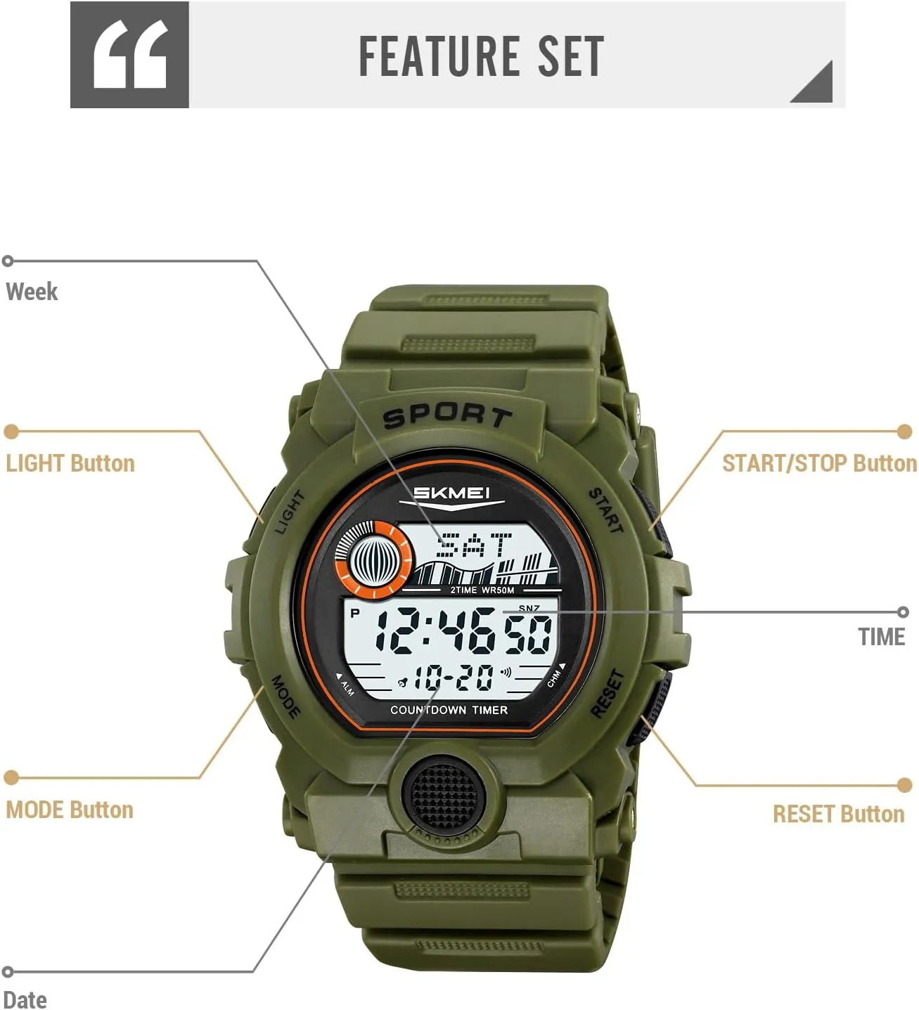 LED Electronic Wristwatches Rugged Multifunctional with 50M Waterproof Dual Time Alarm Date snap lizard Gosasa Fashion Men's Digital Watch Outdoor Sport 