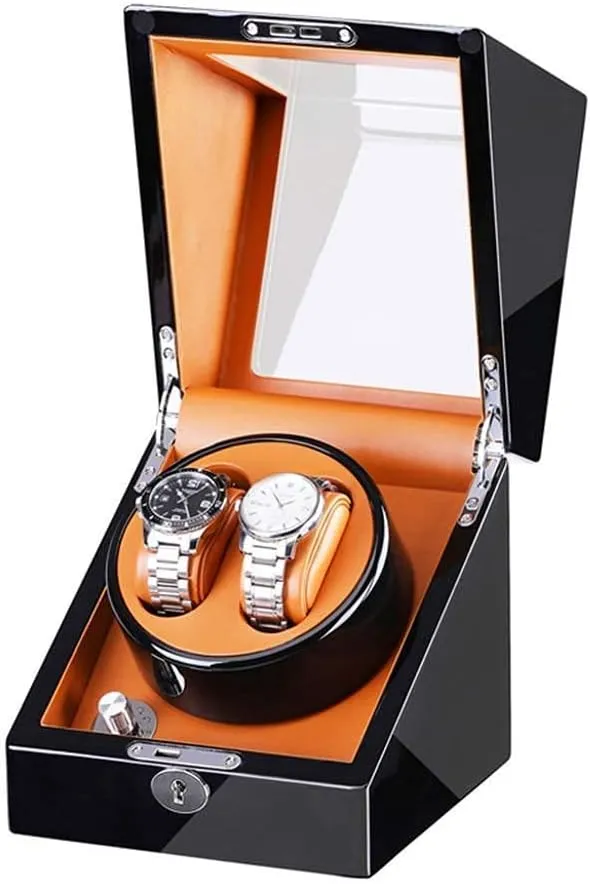 ledge Mode Setting Wood Shell Piano Finish not Include Watches Watch Winder for 2 Watches Storage dispaly case with Quiet Motor 5 Rotation 