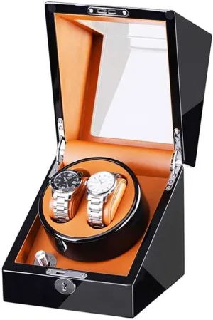 ledge Mode Setting Wood Shell Piano Finish not Include Watches Watch Winder for 2 Watches Storage dispaly case with Quiet Motor 5 Rotation 
