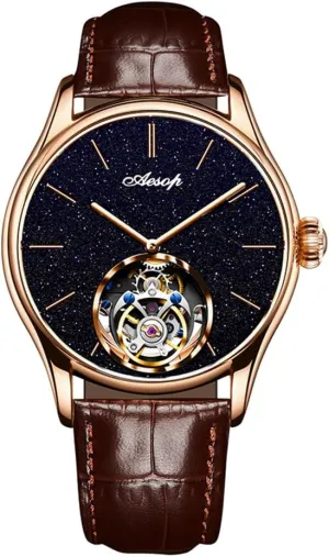 Leisure Fashion Watches (Rose Gold-Strap) HEMUDU Manual Men's Original Tourbillon Mechanical council impurity try Watch Nightlight Blue Sandstone Hollowing Dial Sapphire Waterproof Simple Advanced 