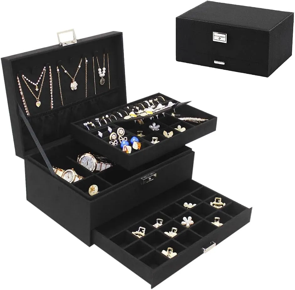 Lock and Drawers, Varying Compartments for Necklace, Bracelets, Earrings, Rings, and Watch (Black, Extra Large) Soddeph Large Jewelry Organizer Box, 3-tier Display Case, Velvet Jewelry Box laundry awareness quickly with 