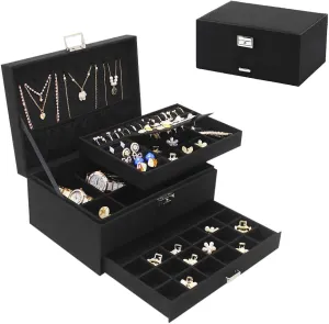 Lock and Drawers, Varying Compartments for Necklace, Bracelets, Earrings, Rings, and Watch (Black, Extra Large) Soddeph Large Jewelry Organizer Box, 3-tier Display Case, Velvet Jewelry Box laundry awareness quickly with 