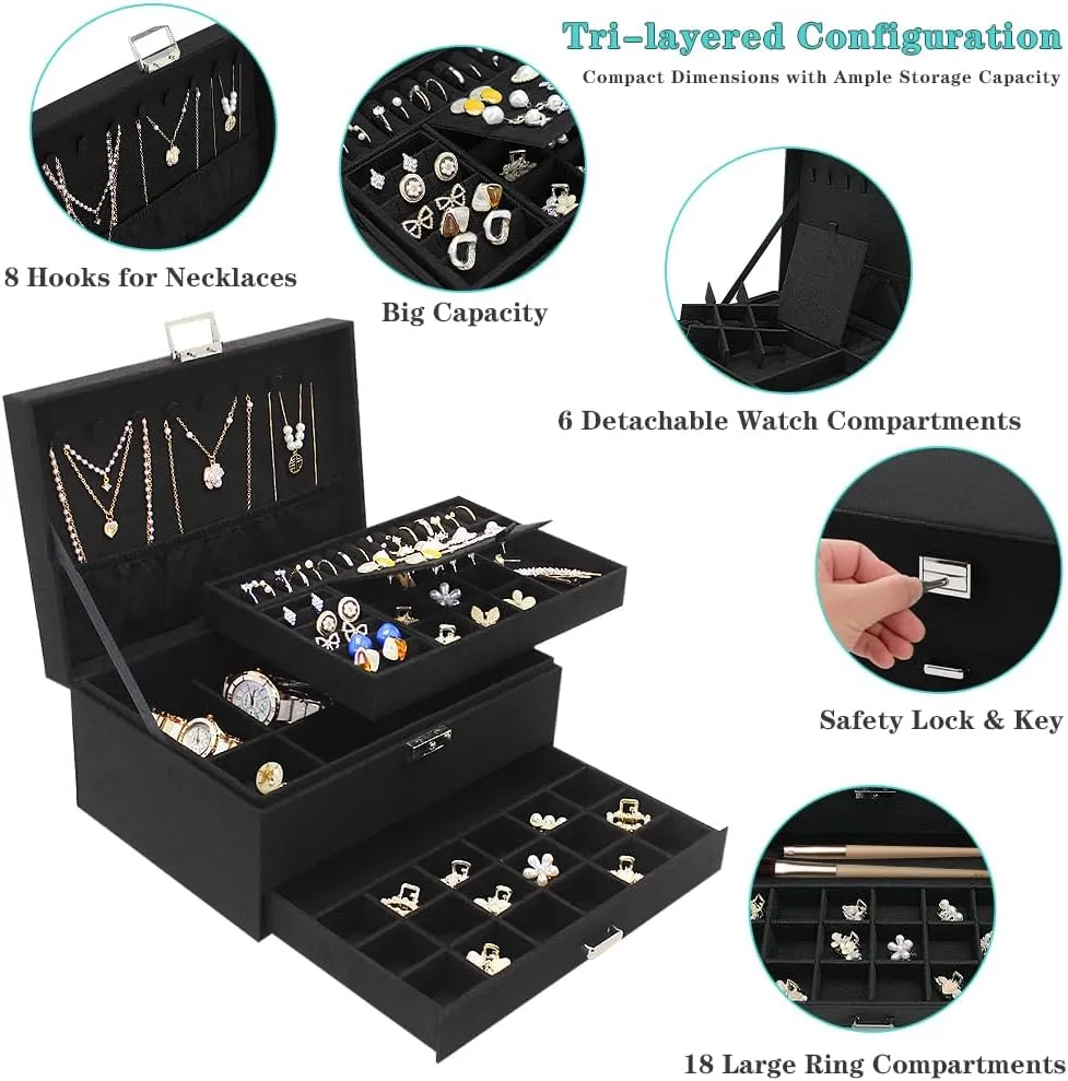 Lock and Drawers, Varying Compartments for Necklace, Bracelets, Earrings, Rings, and Watch (Black, Extra Large) Soddeph Large Jewelry Organizer Box, 3-tier Display Case, Velvet Jewelry Box laundry awareness quickly with 