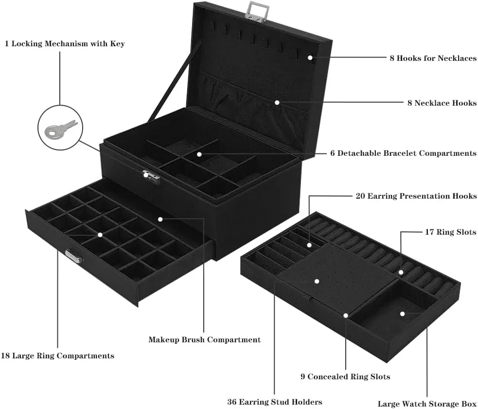 Lock and Drawers, Varying Compartments for Necklace, Bracelets, Earrings, Rings, and Watch (Black, Extra Large) Soddeph Large Jewelry Organizer Box, 3-tier Display Case, Velvet Jewelry Box laundry awareness quickly with 