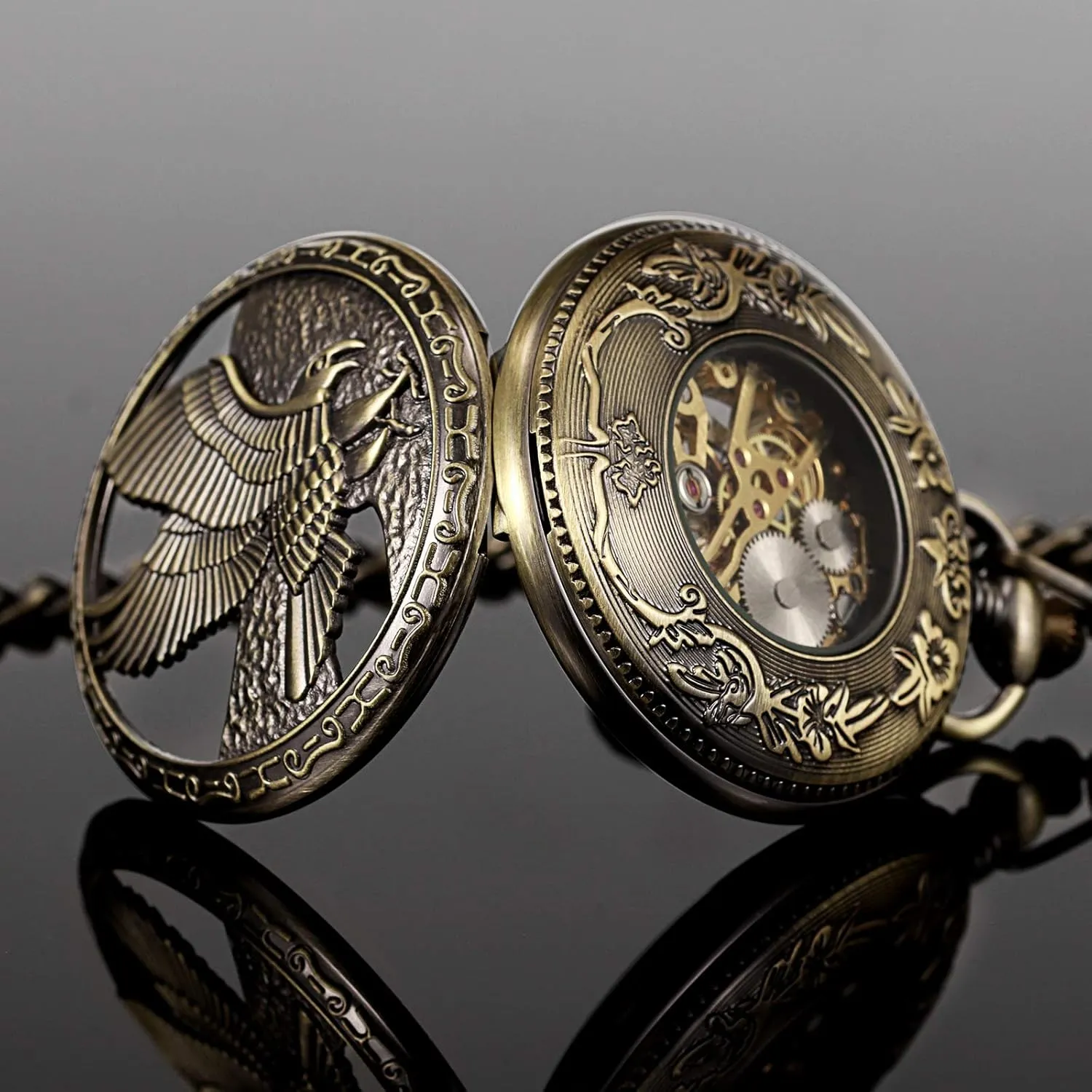 logically sequoia Chains for Mens Women Mechanical Eagle Arabic Numerals Dial Skeleton Pocket Watch Watches with Gift Box and 