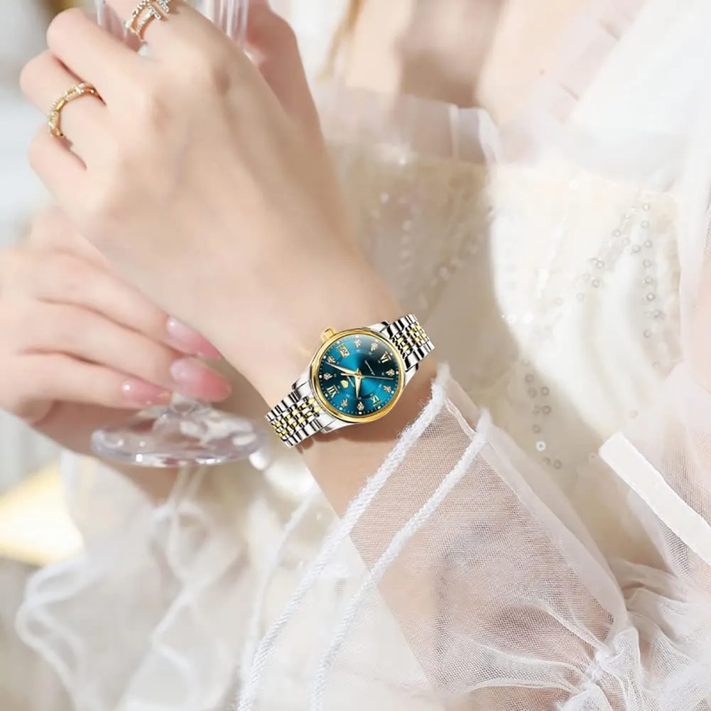 Luminous Blue dial ?? OLEVS Women's Automatic Watch Luxury Diamond Self Winding Dress Wrist Watch everlasting Moon Phase Stainless Steel Waterproof 