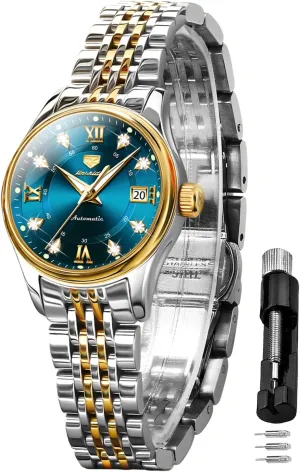 Luminous Blue dial ?? OLEVS Women's Automatic Watch Luxury Diamond Self Winding Dress Wrist Watch everlasting Moon Phase Stainless Steel Waterproof 